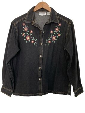 CD Petites Black Embroidered Denim Shirt Jacket, Size PM